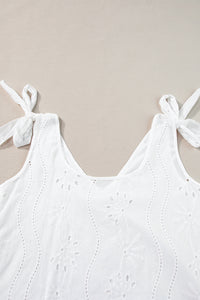 V Neck Tank Top | White Embroidery Patterned Knotted Straps