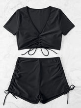 Load image into Gallery viewer, Two-Piece Swim Set | Drawstring V-Neck Short Sleeve Bikini
