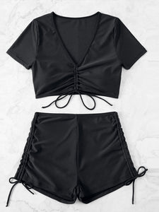 Two-Piece Swim Set | Drawstring V-Neck Short Sleeve Bikini
