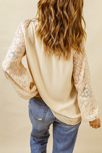 Beige Leopard Mesh Bubble Sleeve Split Neck Blouse | Tops/Blouses & Shirts