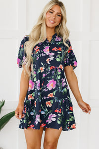 Bubble Sleeve Dress | Black Floral Button Mandarin Collar Dress