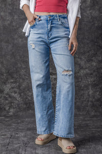 Light Blue High Rise Distressed Straight Leg Jeans | Bottoms/Jeans