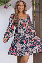 Load image into Gallery viewer, Blue Floral Tiered Long Puff Sleeve Mini Dress | Dresses/Mini Dresses
