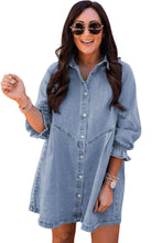 Load image into Gallery viewer, Sky Blue Buttoned Long Sleeve Denim Mini Dress | Dresses/Mini Dresses
