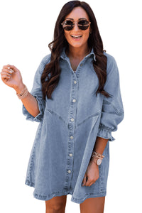 Sky Blue Buttoned Long Sleeve Denim Mini Dress | Dresses/Mini Dresses