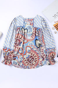 Sky Blue Mixed Floral Geometric Print Ruffled Long Sleeve Blouse | Tops/Blouses & Shirts