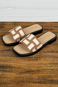 Square Toe Slippers | Beige Two Tone Contrast PU Leather