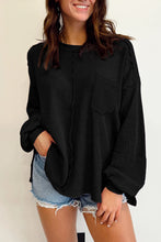 Load image into Gallery viewer, Black Exposed Seam Patchwork Bubble Sleeve Waffle Knit Top | Tops/Long Sleeve Tops
