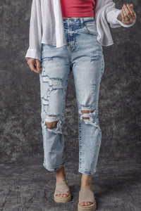 Sky Blue Light Wash Frayed Slim Fit High Waist Jeans | Bottoms/Jeans