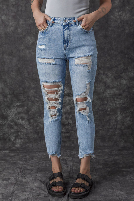 Sky Blue Acid Wash Distressed Slim Fit Jeans | Bottoms/Jeans