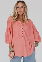 Load image into Gallery viewer, Pink Waffled Bracelet Sleeve Oversized Henley Top | Tops/Blouses &amp; Shirts
