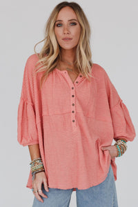 Pink Waffled Bracelet Sleeve Oversized Henley Top | Tops/Blouses & Shirts