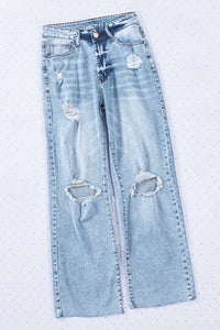 Sky Blue Distressed Hollow-out Knees Wide Leg Jeans | Bottoms/Jeans