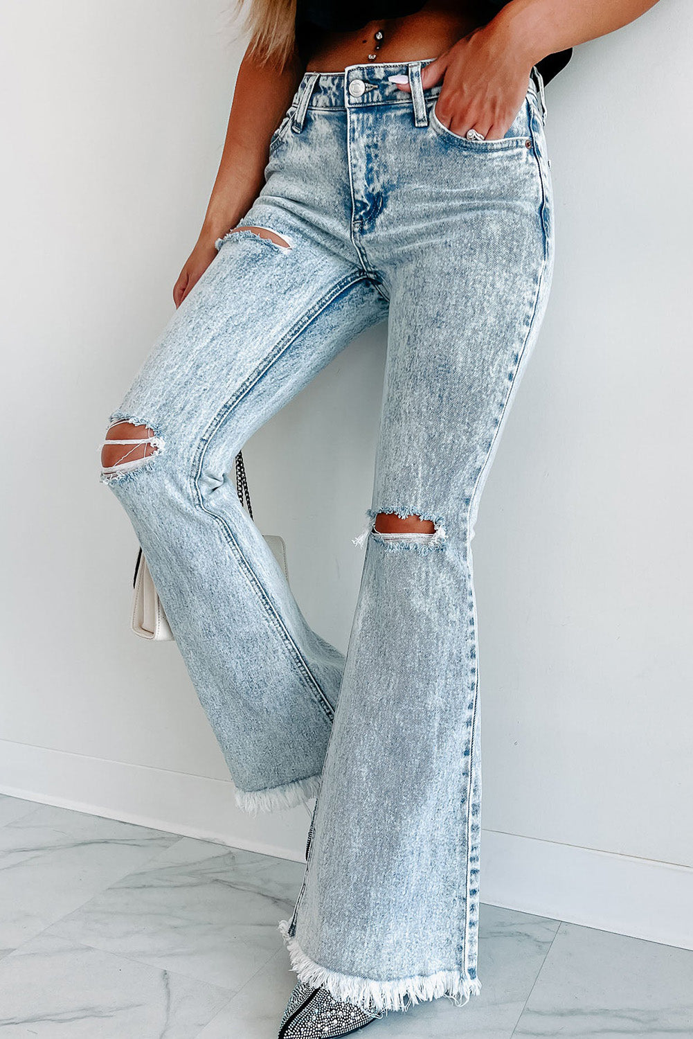 Sky Blue Distressed Acid Wash Flare Jeans | Bottoms/Jeans