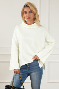 White Expose Seam Turtle Neck Side Slit Oversized Sweater | Tops/Sweaters & Cardigans