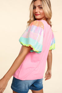 Puff Sleeve Top  | Sequin Color-Block Striped Blouse