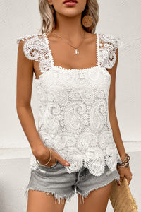 White Lace Crochet Ruffled Square Neck Tank Top | Tops/Tank Tops