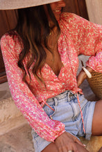 Load image into Gallery viewer, Pink Bubble Sleeve Floral Shirt with Lace up | Tops/Blouses &amp; Shirts
