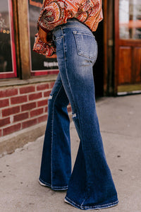 Sky Blue Button Fly Ripped High Waist Flare Jeans | Bottoms/Jeans