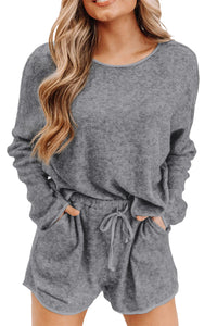 Shorts Lounge Set | Gray Long Sleeve Top and Drawstring