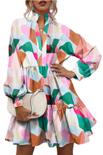 Load image into Gallery viewer, Multicolour Geometric Print Stand Neck Balloon Sleeve Ruffled Dress
