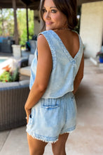 Load image into Gallery viewer, Beau Blue Studded V Neck Raw Hem Sleeveless Denim Romper
