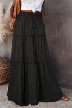 Load image into Gallery viewer, Black Frill Tiered Drawstring Waist Maxi Skirt
