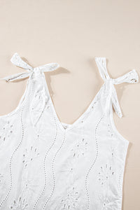 V Neck Tank Top | White Embroidery Patterned Knotted Straps