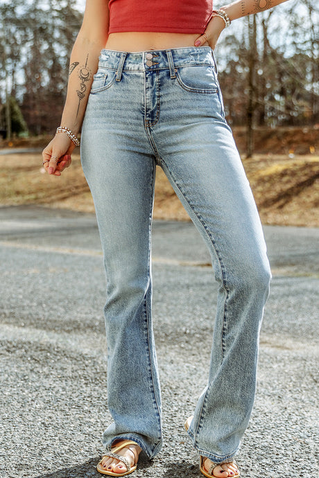 Sky Blue Subtle Ripped Detail Flare Bottom Jeans | Bottoms/Jeans