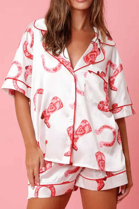 White Full Pattern Shirt and Shorts Satin Pajama Set | Loungewear & Sleepwear/Sleepwear