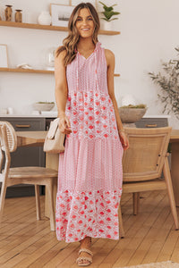 Pink Abstract Print Split Neck Sleeveless Maxi Dress | Dresses/Maxi Dresses