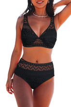 Load image into Gallery viewer, Black Lace Crochet V Neck High Waist Bikini Swimsuit | Swimwear/Bikinis
