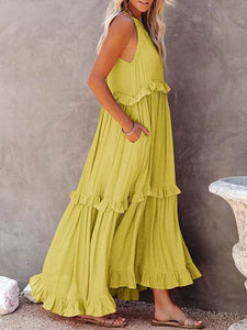 Womens Maxi Dress | Ruffled Sleeveless Maxi Dress with Pockets