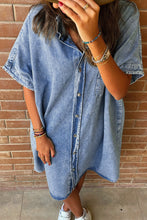 Load image into Gallery viewer, Light Blue Loose Medium Wash Short Sleeve Shirt Chambray Dress | Dresses/Midi Dresses
