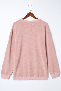 Pullover Sweatshirt | Pink Solid Ribbed Knit Round Neck