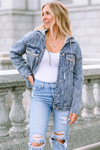 Sky Blue Rhinestone Fringed Hooded Denim Jacket