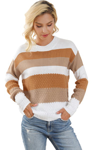 Chestnut Striped Cable Knit Drop Shoulder Sweater | Tops/Sweaters & Cardigans