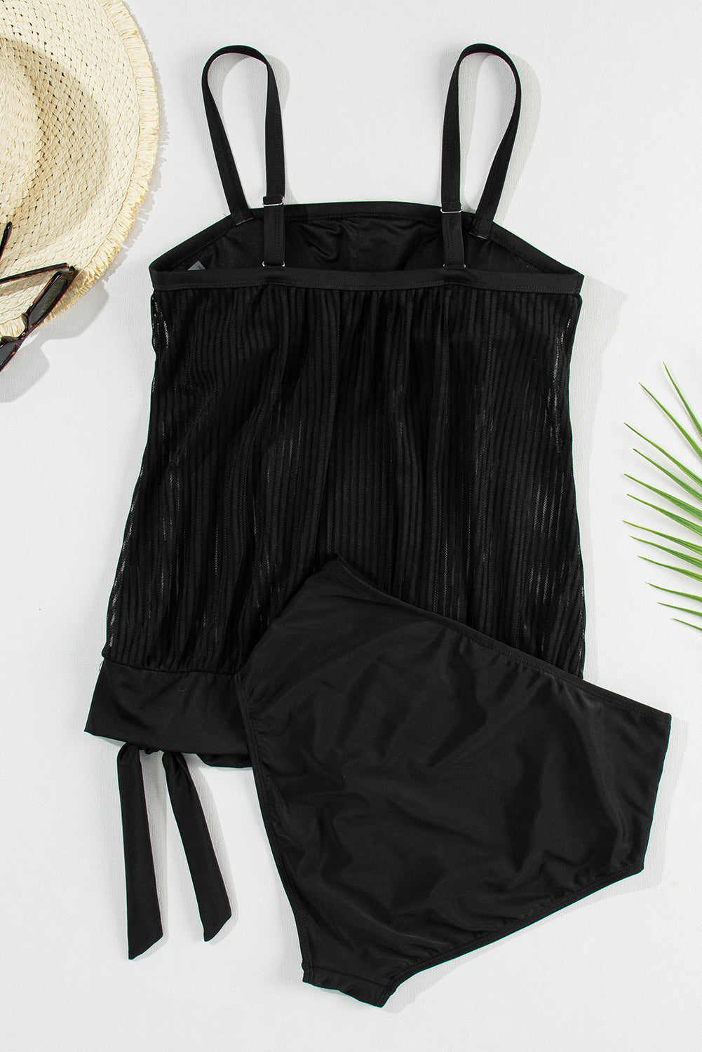 Black Striped Mesh Knotted Hem Tankini Swimsuit | Swimwear/Tankinis