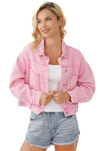 Womens Denim Jacket | Pink Rivet Studded Pocketed Denim Jacket | Outerwear/Denim jackets