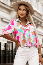 Load image into Gallery viewer, Pink Geometric Block Printed Roll Tab Sleeve Shirt | Tops/Blouses &amp; Shirts
