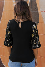 Load image into Gallery viewer, Sequin Top | Black Star Splicing Half Sleeve Top
