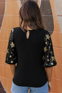 Sequin Top | Black Star Splicing Half Sleeve Top