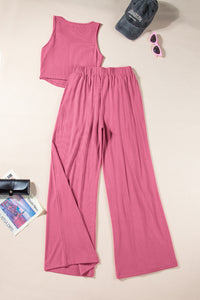 Pink Textured Sleeveless Crop Top and Wide Leg Pants Outfit | Two Piece Sets/Pant Sets