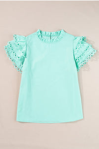 Ruffled Sleeve Top | Eyelet Round Neck Cap Sleeve Blouse