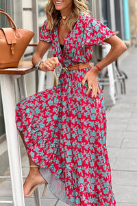 Red V Neck Flutter Sleeve Floral Print Ruffled Maxi Dress | Dresses/Floral Dresses