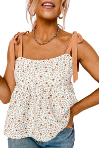 White Tied Shoulder Floral Print Babydoll Tank | Tops/Tank Tops