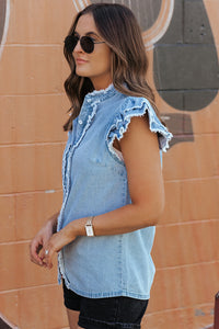 Beau Blue Button Front Ruffled Flutter Frayed Denim Top | Tops/Tops & Tees