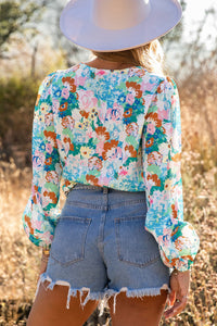 Sky Blue Floral Print Wrap Long Sleeve Bodysuit | Tops/Bodysuits