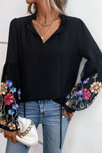 Load image into Gallery viewer, Black Floral Patched Flounce Sleeve Split Neck Blouse | Tops/Blouses &amp; Shirts
