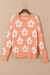 Grapefruit Orange Fuzzy Floral Knitted Drop Shoulder Sweater | Tops/Sweaters & Cardigans